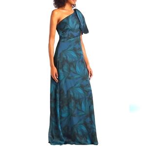 Sachin + Babi Blue Leaf Print One-Shoulder Maxi Dress